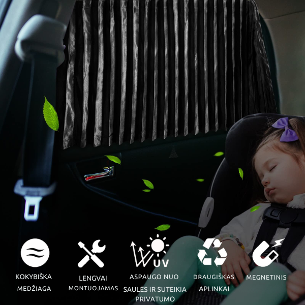 Universalus magnetinis skydelis nuo saulės šoniniam automobilio stiklui (2 vnt.)