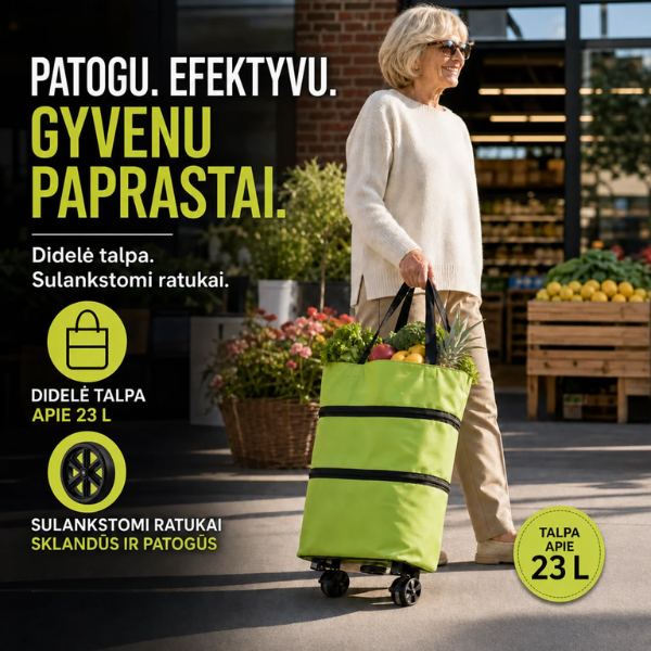 Universalus sulankstomas pirkinių krepšys - vežimėlis