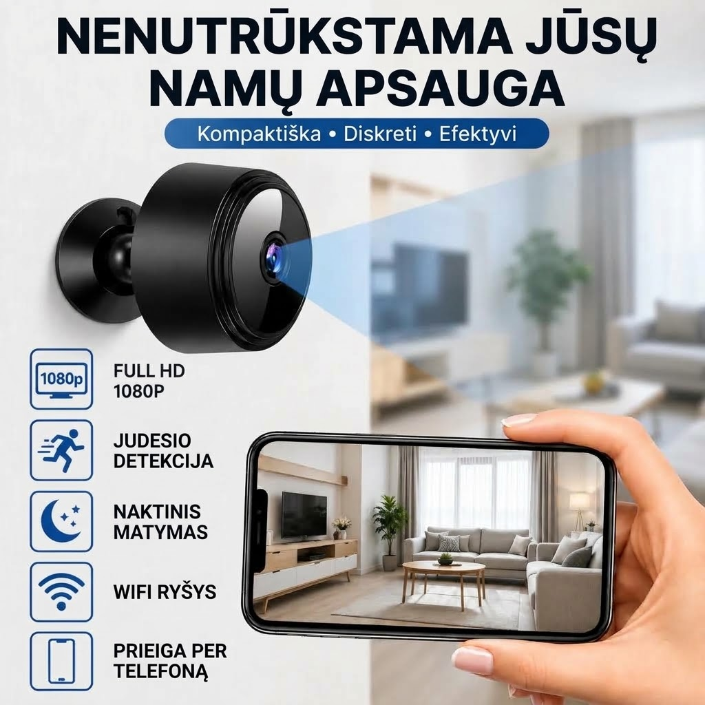 Kompaktiška slaptoji HD kamera su WiFi