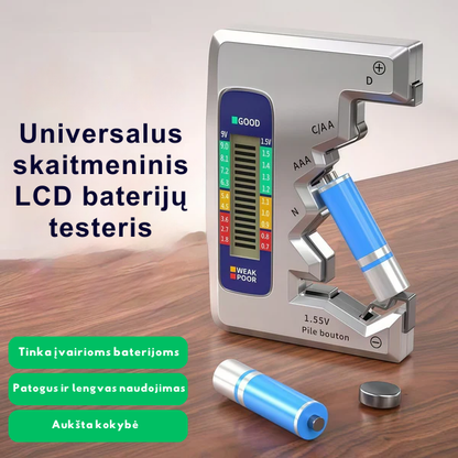 Universalus skaitmeninis LCD baterijų testeris