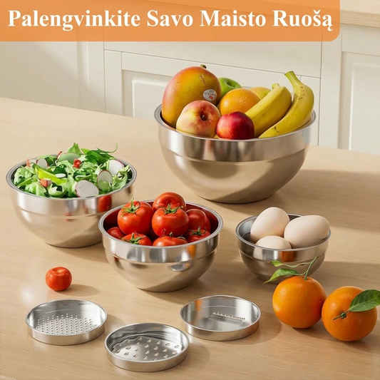 Aukštos kokybės nerūdijančio plieno virtuvinių indų rinkinys su dangteliais bei tarkavimo ir smulkinimo funkcija