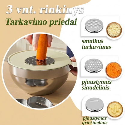 Aukštos kokybės nerūdijančio plieno virtuvinių indų rinkinys su dangteliais bei tarkavimo ir smulkinimo funkcija