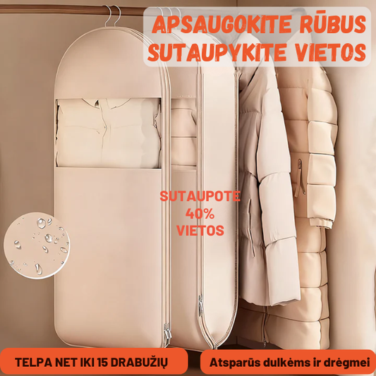 Vietą taupantis rūbų maišas su savaiminio suspaudimo užtrauktuku